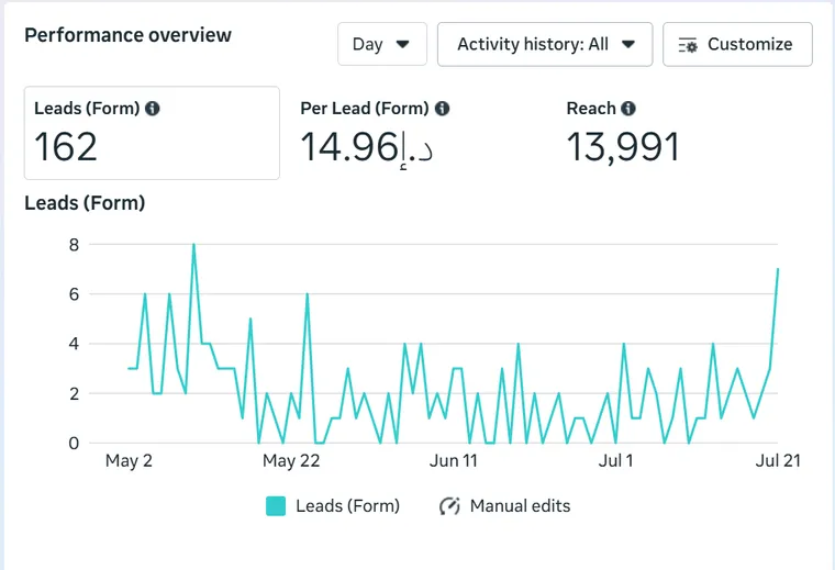 Lead-form campaign results for a furniture campaign