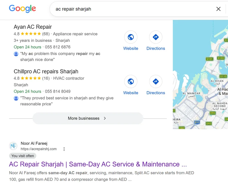 Google search results showing AC Repair Sharjah